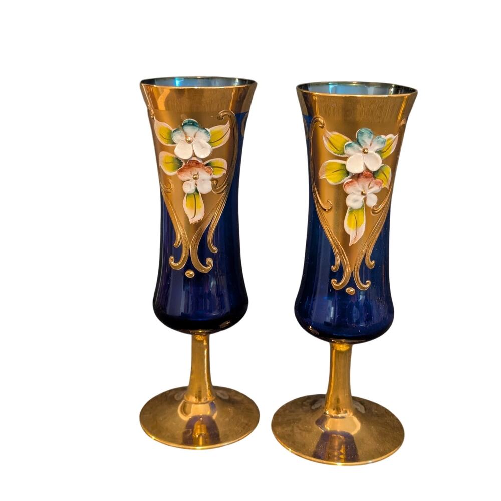 Vtg 50s 2 Cobalt Stem Sherry Glasses Tre Fuochi Murano Italy Venetian Heavy Gilt